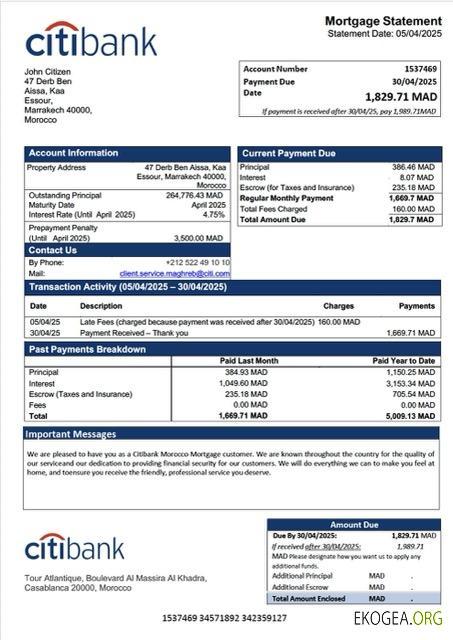 Maroc Relevé hypothécaire de Citibank Maroc Modèle Word et PDF